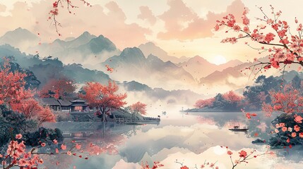 Rural landscape with a tea plantation, a Chinese village, and boat on the river. Handmade drawing vector illustration. Traditional chinese guohua painting style with elements of pointillism
