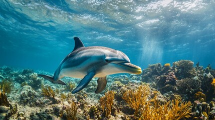 Obraz premium bottlenose dolphin underwater on reef background