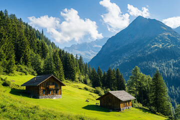 Alpine landscape with mountain chalets