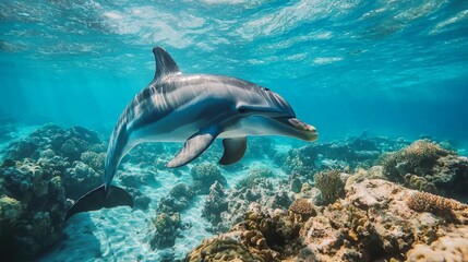 Obraz premium bottlenose dolphin underwater on reef background