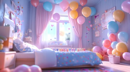 Bedroom with a pink and white color scheme, decorated for a birthday celebration.