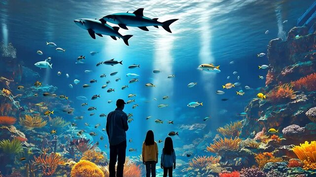 A family has a fascinating underwater experience as they watch a colourful aquarium full of different fish and sharks.