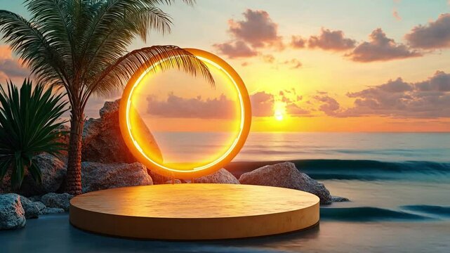 neon podium background with coconut trees footage