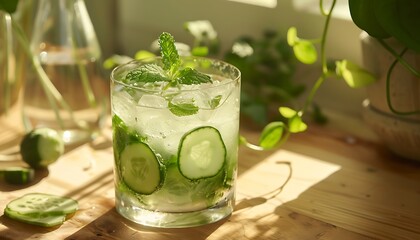 Fototapeta premium Glass of cucumber mojito on grey table