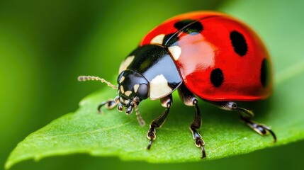 A close-up of a ladybug with its iconic black dots on a red shell, resting on a green leaf in a garden