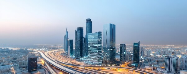 Naklejka premium Modern Riyadh skyline, illuminated buildings and highways, night cityscape, futuristic Middle Eastern metropolis, blue hour glow
