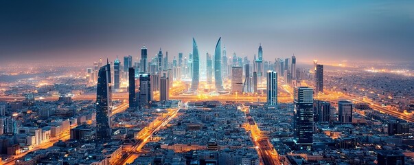 Night view of Riyadh cityscape with glowing skyscrapers, futuristic urban skyline, blue hour, modern Middle Eastern architecture