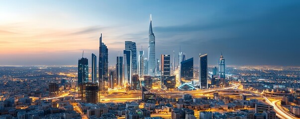 Fototapeta premium Night view of Riyadh cityscape with glowing skyscrapers, futuristic urban skyline, blue hour, modern Middle Eastern architecture