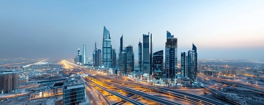 Modern Riyadh skyline, illuminated buildings and highways, night cityscape, futuristic Middle Eastern metropolis, blue hour glow