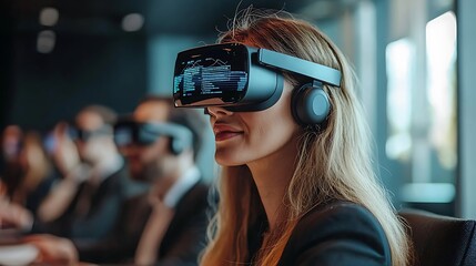 A businesswoman uses a VR headset in a meeting, navigating the future of virtual collaboration.
