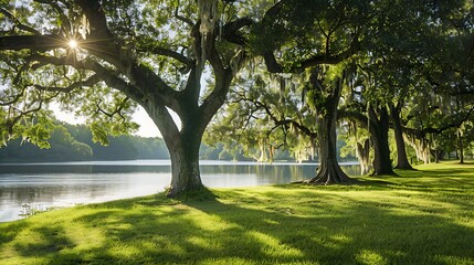 Fototapeta premium A tranquil haven beside the lake tucked up amid giant oaks
