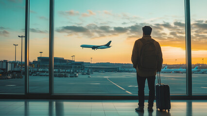 Fototapeta premium A passenger waiting at a airport with suitcase or luggage. 