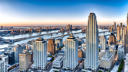 Urban CBD office, the city skyline and commercial area are outside the floor window