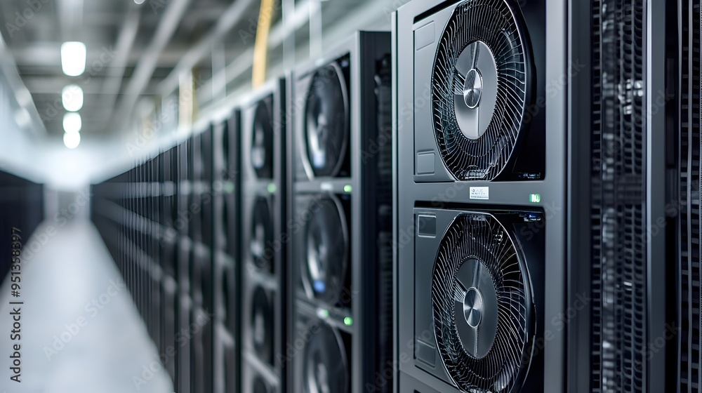 Poster a sophisticated data center facility featuring rows of server racks with cooling fans to maintain op