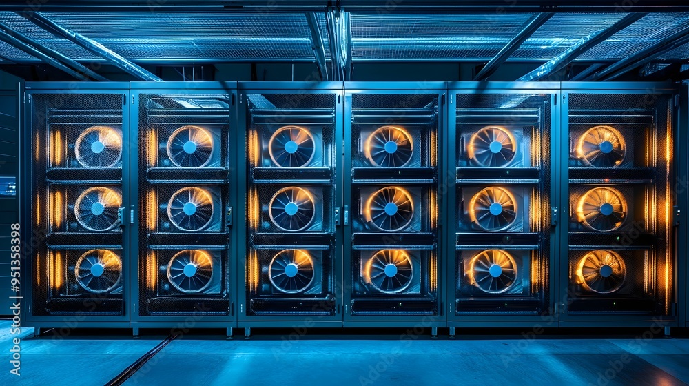 Poster efficient server infrastructure in a sophisticated data center rows of server racks with cooling fan