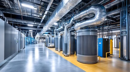 A photograph showcasing the intricate energy efficient cooling systems that power a state of the art data center optimizing performance sustainability