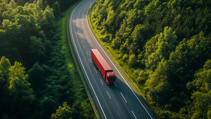 Red shipping truck on a highway surrounded by green trees. Fast delivery and logistics industry