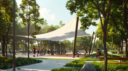 Fototapeta premium Urban Serenity: Elegant Park with a White Membrane Canopy