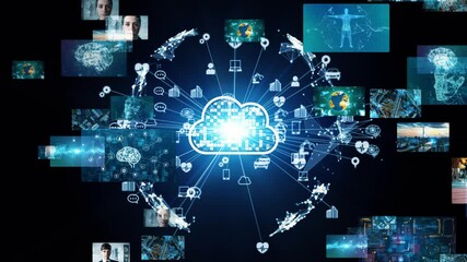 Composite concept of multiple video screens and cloud computing - Powered by Adobe