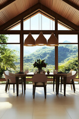 Luxury polynesian style dining room. Mountain forest view outside the window. Spacious dining table.