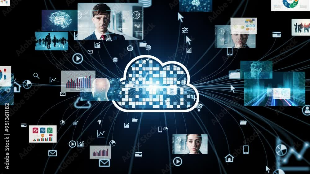 Poster Composite concept of multiple video screens and cloud computing