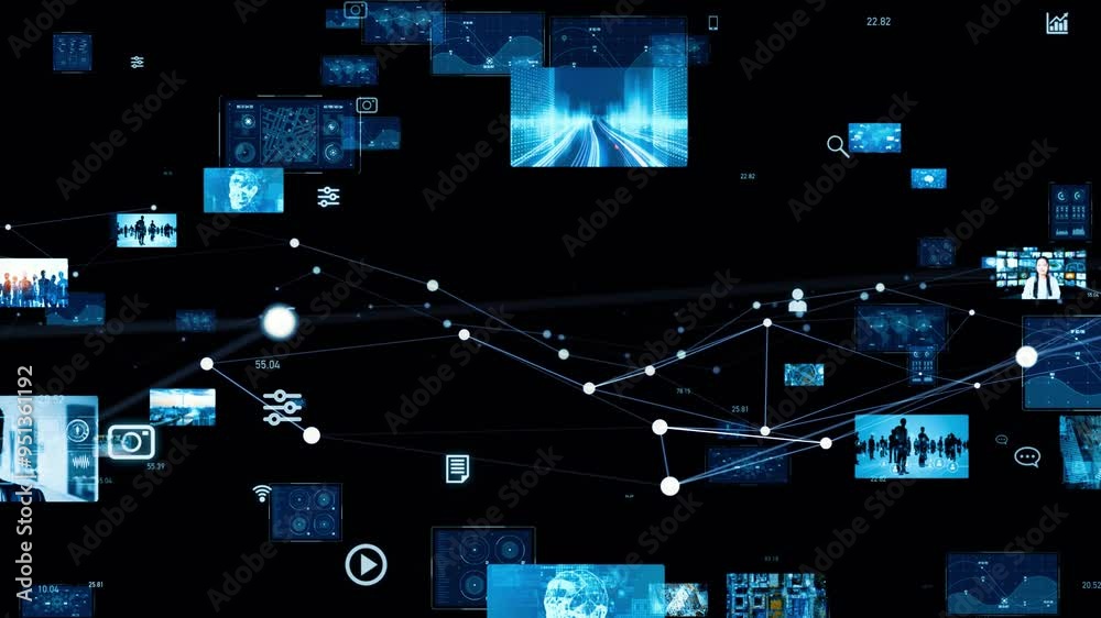Poster Composite concept of multiple video screens and communication network