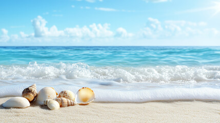 Obraz premium A collection of seashells scattered on fine white sand, evoking a serene beach vibe.