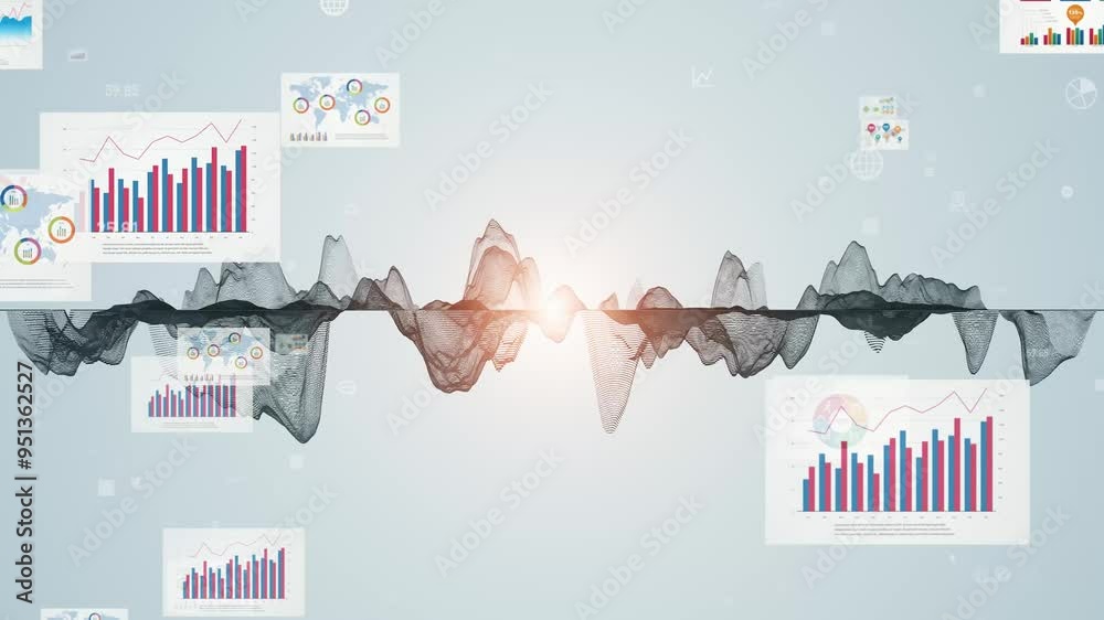 Poster Combination of wavy waveforms and business documents