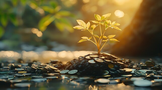 A vibrant plant springs from a pile of coins, capturing the essence of growth through wise financial choices.