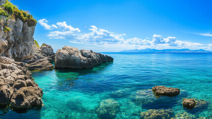 Obraz premium Serene Coastal Cliffs: Majestic cliffs rise from a turquoise ocean, a breathtaking panorama of nature's beauty. A peaceful vista of azure waters, towering rock formations, and a clear blue sky.