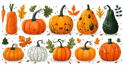 Set of colorful vegetables on light isolated background. Carrots, pumpkins, leaves and seeds. Image on the theme of healthy, vegetarian, organic food. Vector flat illustration
