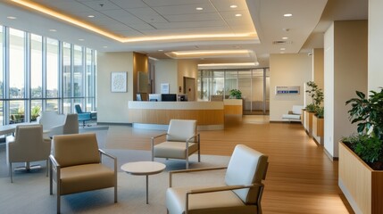 Contemporary waiting area in a doctor's office, featuring soft lighting, plush chairs, and a welcoming atmosphere, emphasizing patient-centric design.