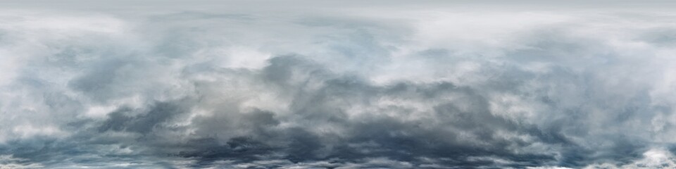 Dark moody rain clouds in dramatic overcast sky. Seamless 360 HDR spherical panorama. Full zenith or sky dome in 3D environment, sky replacement for aerial drone panoramas. Climate and weather change.