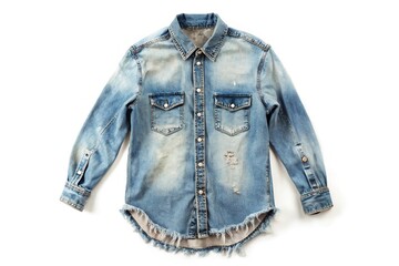 Naklejka premium Distressed, high-waisted acid wash denim shirt with ripped hem and frayed sleeves on a white background, perfect for showcasing trendy apparel designs or promotional materials.