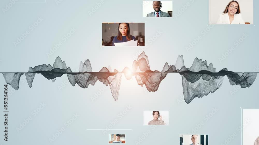 Poster composite concept of wavy waveforms and people talking with video conference