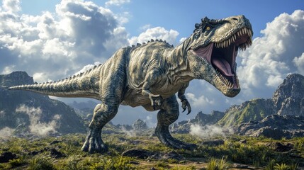 Naklejka premium A large, prehistoric dinosaur roars as it walks through a lush prehistoric landscape with rocky mountains in the background.