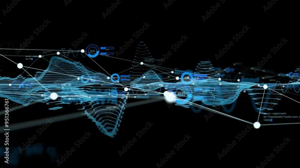Poster Composite concept of wavy waveforms and data network