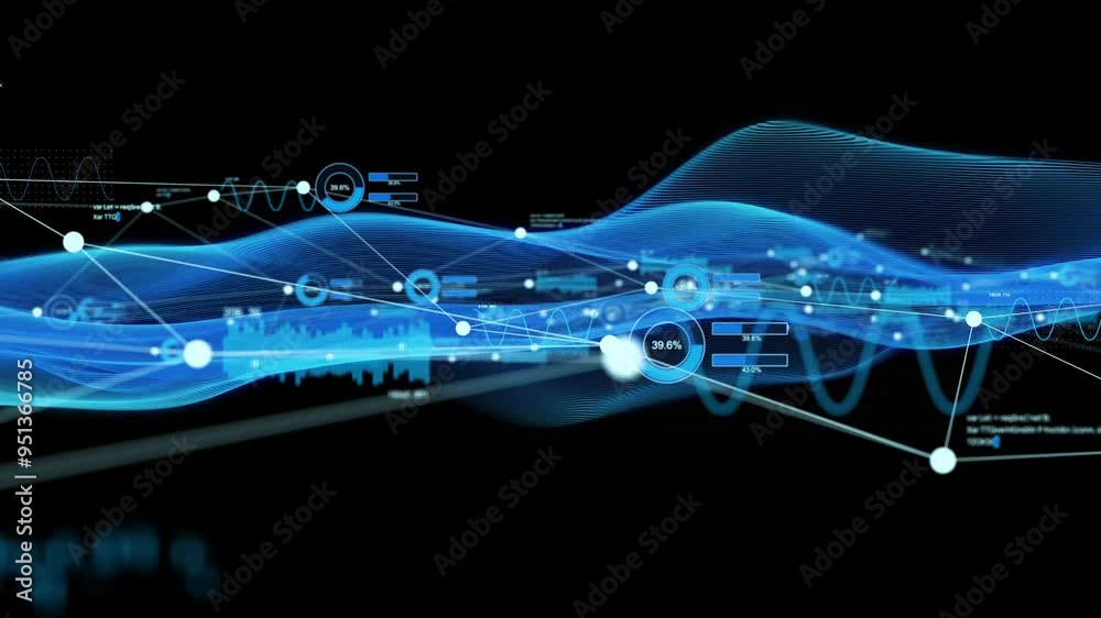 Fototapete Composite concept of wavy waveforms and data network