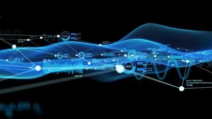 Composite concept of wavy waveforms and data network - Powered by Adobe