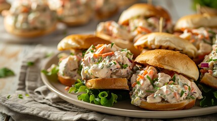 A view shows a pile of fish salad sliders on round bread