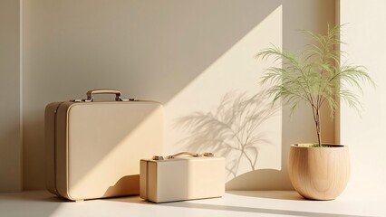 Beige Suitcases with Minimalist Wooden Planter Against Cream Wall