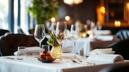 Fototapeta premium Fine dining in a grand luxury restaurant, featuring beautifully set tables in a stylish and elegant environment
