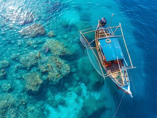 Aerial view of a fishing boat in the sea. Top view