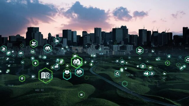 Composite concept of modern society and environment technology. Eco friendly society. Ecology. Sustainable development goals. SDGs.