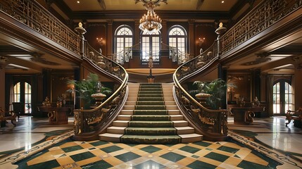 A wide staircase with elaborate metal rails and a golden and green checkerboard granite floor greets guests at the grand entryway