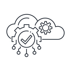 Cloud computing network, different  mobile applications connecting.Enterprise System integration.Vector linear icon isolated on white background.