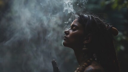 Side view of Aghori woman performing a purification ritual in a sacred forest grove Her face is serene and focused surrounded by ancient trees and the sounds of nature