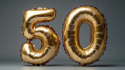 Gold foil balloon number, digit fifty. Birthday greeting card with inscription 50. Anniversary celebration event. Banner. Golden numeral, black background. Numerical digit, light bokeh, glitter