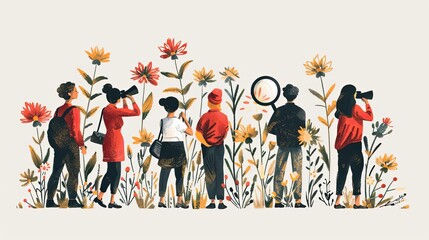Naklejka premium Set of people with binoculars, magnifying glass on search bar with flowers. Searching, finding, web surfing, looking for opportunities concept. Hand drawn Vector illustration. Isolated design elements