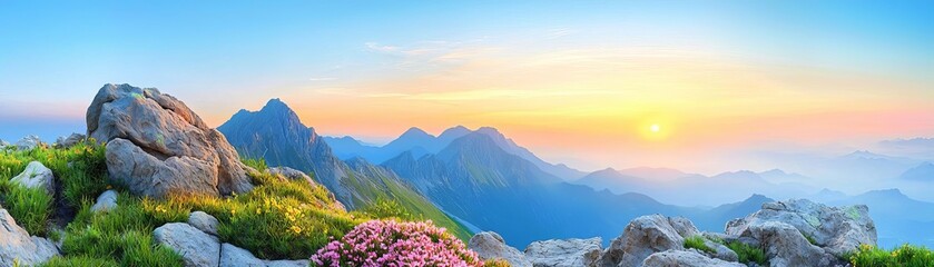 Fototapeta premium Sunrise over a mountain range symbolizing new opportunities, fresh start, adventure